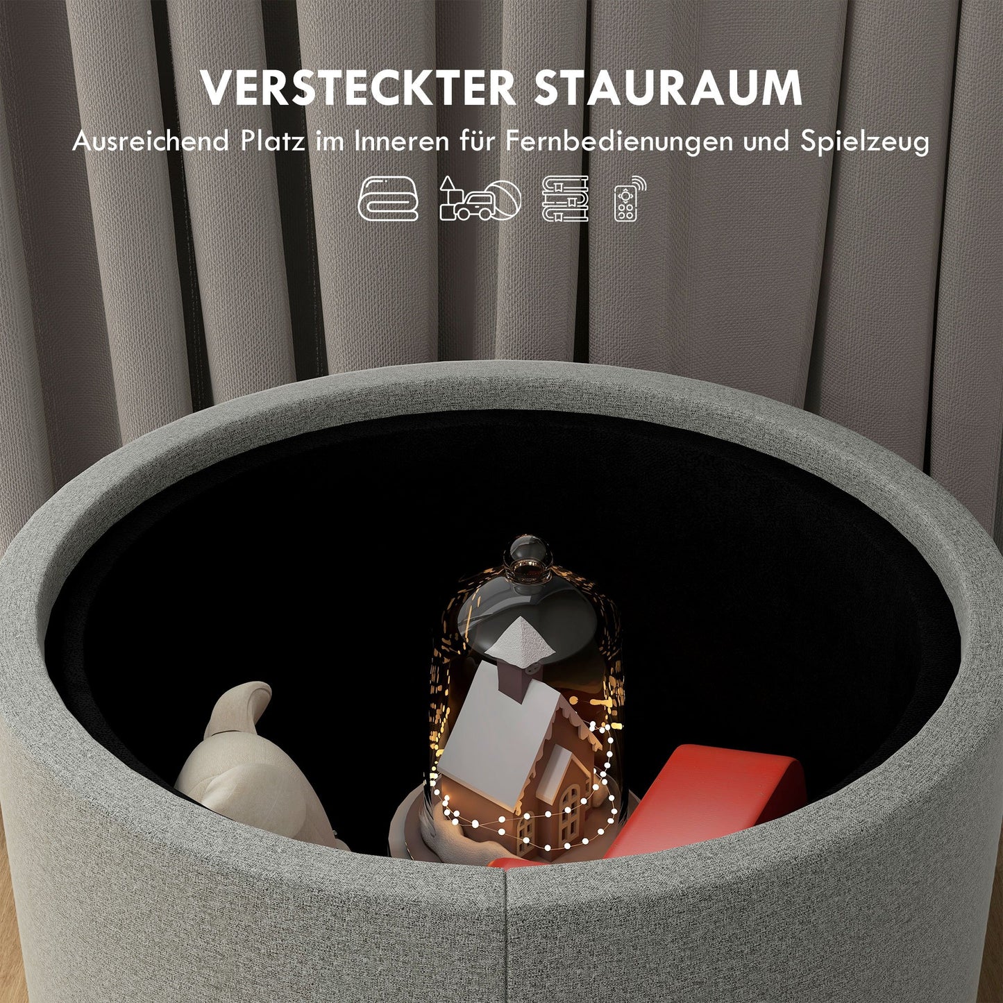 Hocker – Poef – Zitbank – Opbergbank – Voetenbank – Draaibaar Deksel – Ruime Opbergruimte – Stof Linnen-Look – 56x56x42 cm