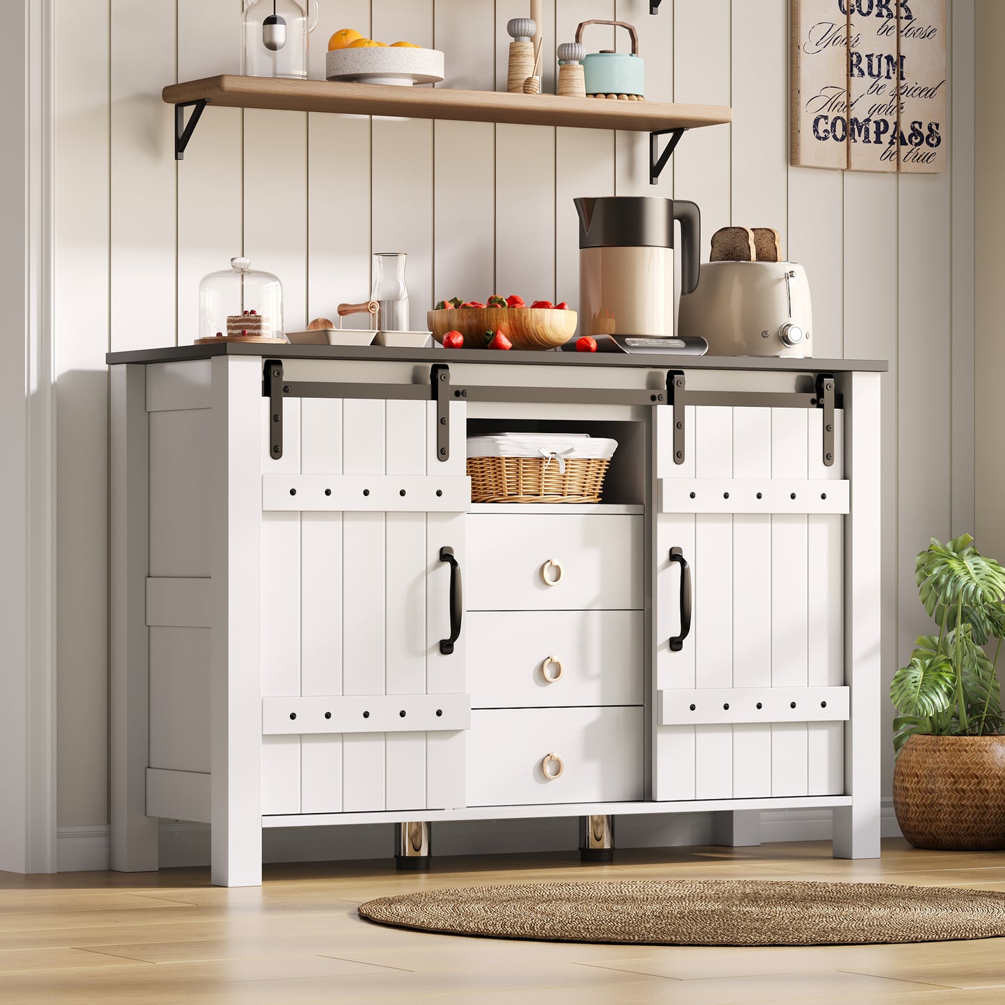 Buffetkastje – Buffetkast – Dressoir – Opbergkast – Sideboard – Wit Met Houten Accenten – 120x40x80 cm – MDF – Schuifdeuren En 3 Lades