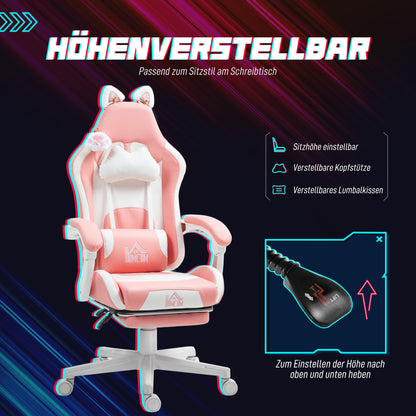 Gamingstoel – Gamestoel – Gaming Chair – Bureaustoel – Game Stoel – Ergonomisch Met Verstelbare Rugleuning – Inclusief Uitschuifbare Voetensteun – Roze Met Kattenoren