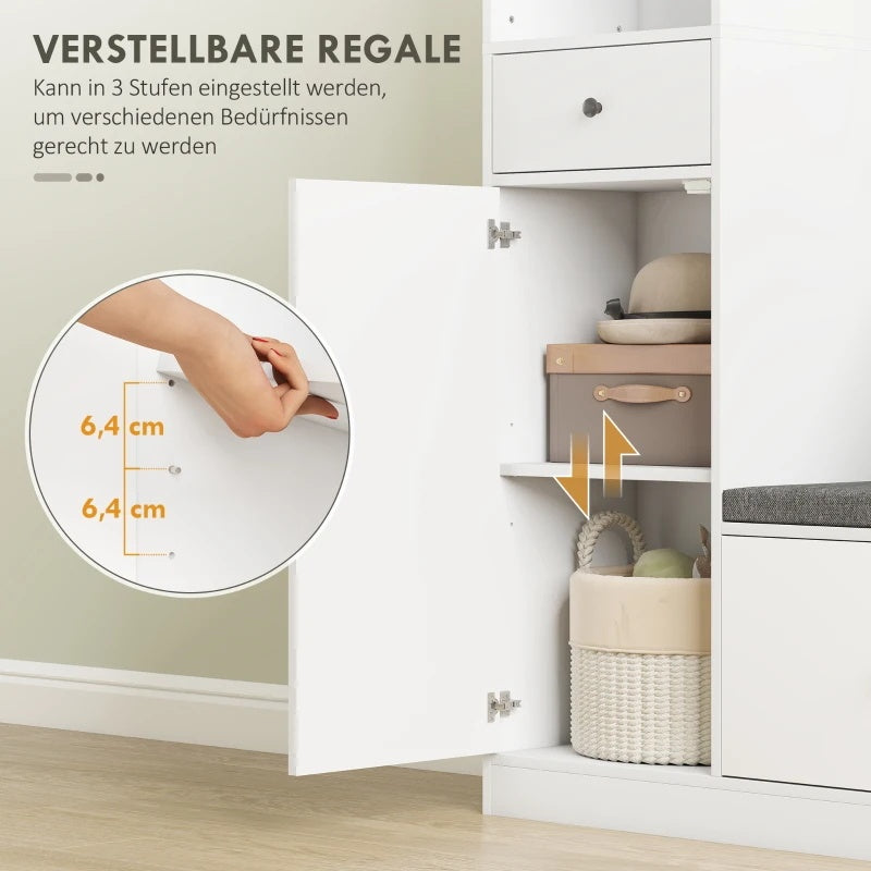 180cm Tall Entrance Hall Wardrobe Set | With Clothes Rack, Upholstered Shoe Bench, 4 Hooks, 4 Open Shelves, Shoe Rack, Chest Of Drawers, Hallway Furniture, Bench With Storage Space, White, European Style