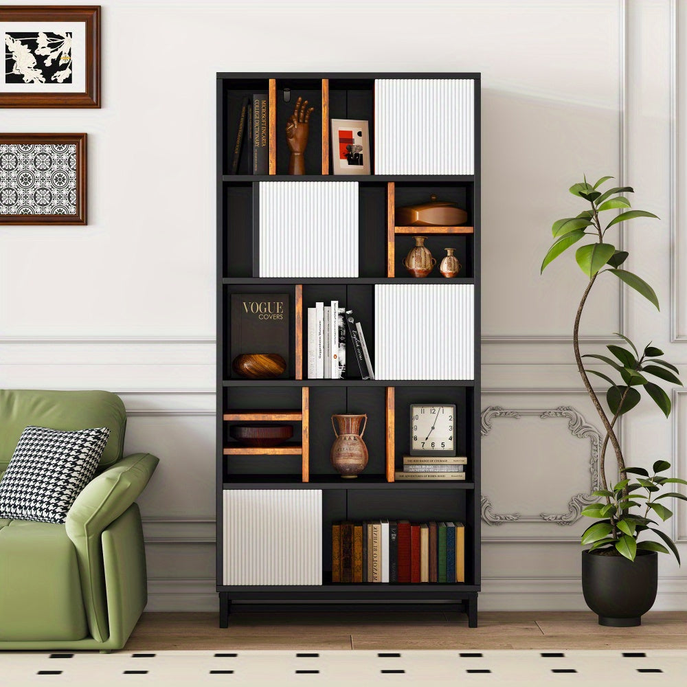 Boekenkast – Boekrek – Boekplank – Opbergkast – Vakkenkast – 5 Planken – 165 cm Hoogte – MDF Houtmateriaal – Wit + Zwart