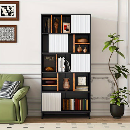 Boekenkast – Boekrek – Boekplank – Opbergkast – Vakkenkast – 5 Planken – 165 cm Hoogte – MDF Houtmateriaal – Wit + Zwart