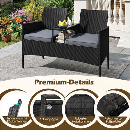 Tuinbank met Tafel – 2-Zits Loungeset – Buitenbank – Terrasmeubilair – Balkonmeubel – Weerbestendig – Met Geïntegreerde Tafel en Comfortabele Kussens – Grijs