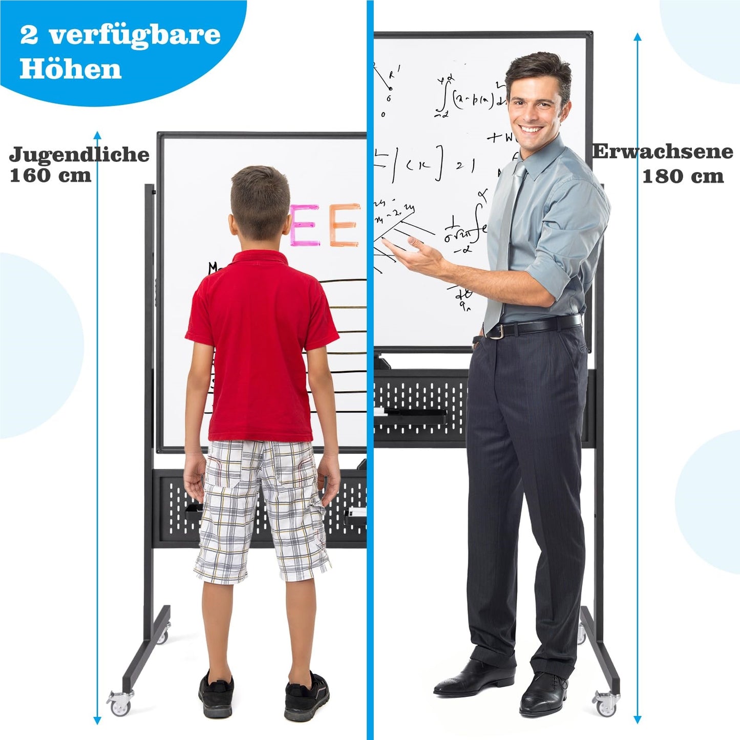 Mobiel Whiteboard – Droog Uitwisbaar Bord – Magnetisch Bord – Spiegelbord – Schoolbord – Dubbelzijdig – 120 x 90 cm – Hoogte Verstelbaar – Wieltjes Met Rem