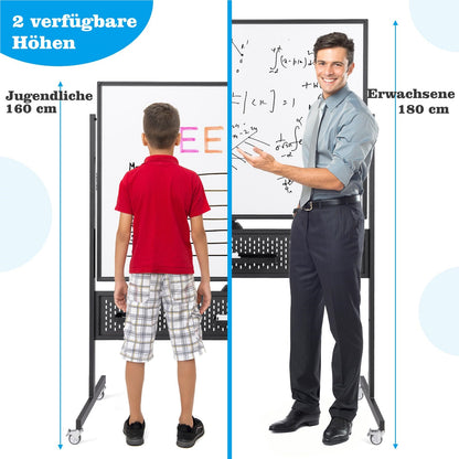 Mobiel Whiteboard – Droog Uitwisbaar Bord – Magnetisch Bord – Spiegelbord – Schoolbord – Dubbelzijdig – 120 x 90 cm – Hoogte Verstelbaar – Wieltjes Met Rem