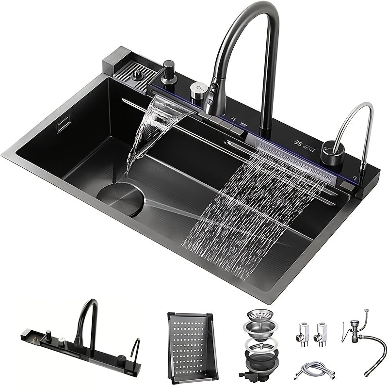 Keukenspoelbak – Spoelbak – Wasbak – Gootsteen – Enkele Kom – Zwart RVS – Grote Afmetingen 68x45x22 cm – Digitale Display & Accessoires