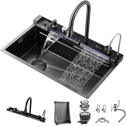 Keukenspoelbak – Spoelbak – Wasbak – Gootsteen – Enkele Kom – Zwart RVS – Grote Afmetingen 68x45x22 cm – Digitale Display & Accessoires