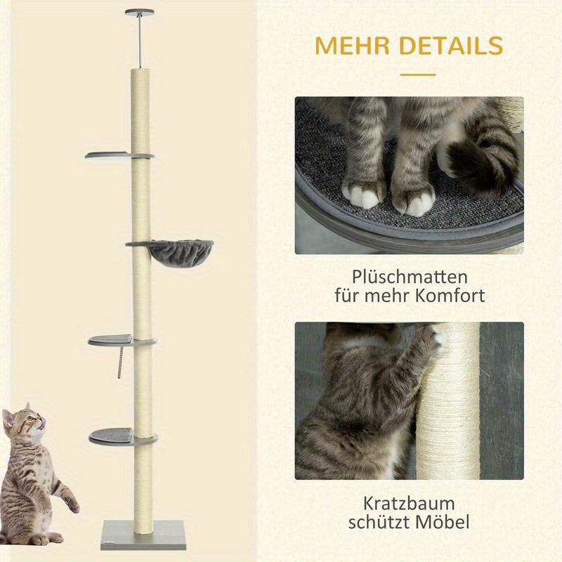 Extra Tall Modern Cat Tree Tower with Ceiling-Mounted Hammock & Scratching Post - Multi-Level Cat Furniture with Sturdy Base, Space-Saving Vertical Design for Large Cats, Easy Assembly, Grey & Cream White - Ideal for Apartmen