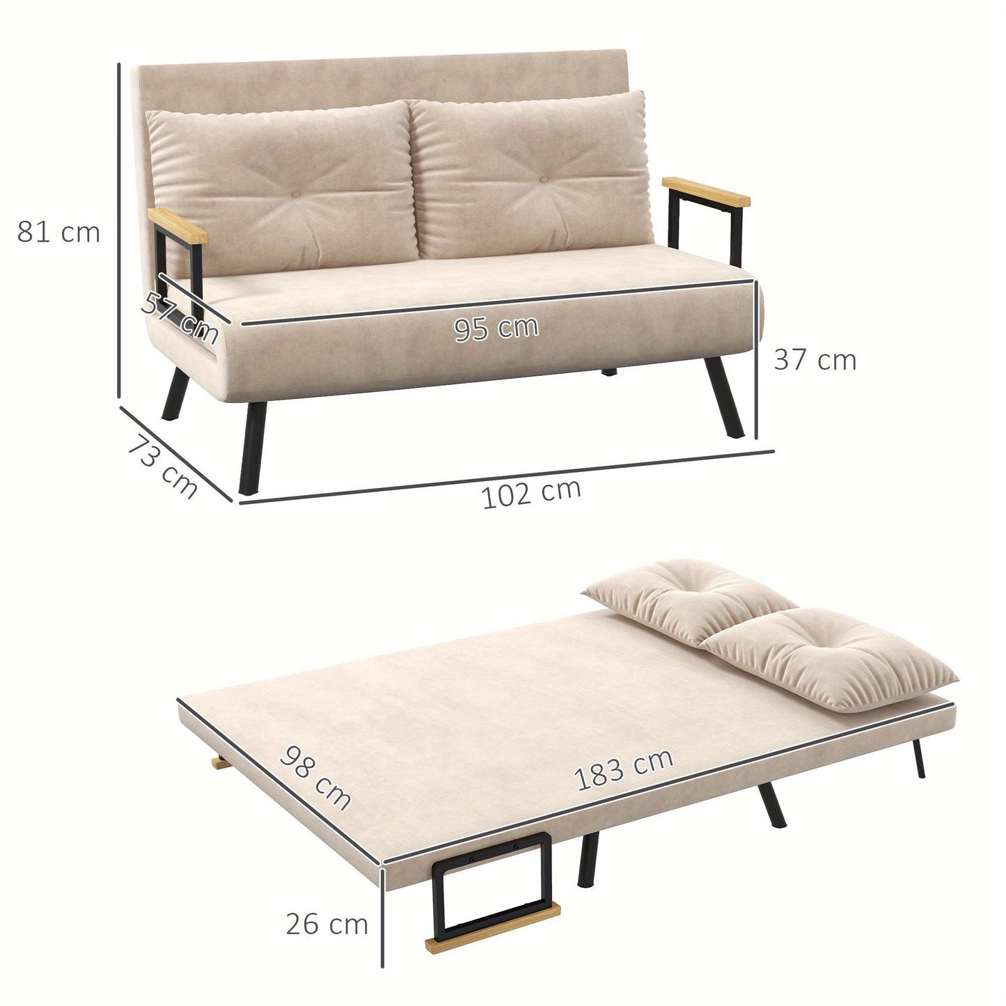 Slaapbank – Bedbank – Bankbed – slaapcouch – slaapzetel – Beige Polyester – Verstelbare Rugleuning 5 Standen – Chaise Longue Met Losse Kussens