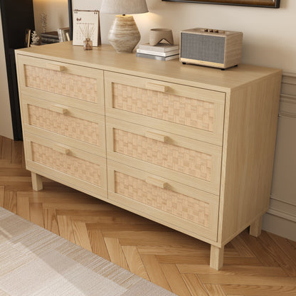 Modern Tall Sideboard Cabinet with Six Drawers - Beige Storage Organizer, Non-Wood Material, Floor-Standing Design for Living Room, Dining Room, Bedroom - Ample Storage Furniture