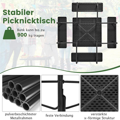 Picknicktafel – Tuinset – Buitenmeubel – Zitzet – Balkontafel – Zwarte Vierkante Tafel 170x170 cm – HDPE Kunststof & Parasolhouder