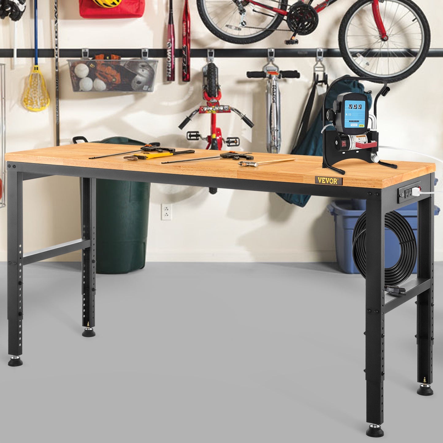 Verstelbare Werkbank – Werktafel – Klusbank – Montagebank – Werkstation – 155 x 50 cm – Massief Hardhout – Ingebouwde Stopcontacten en USB-poorten