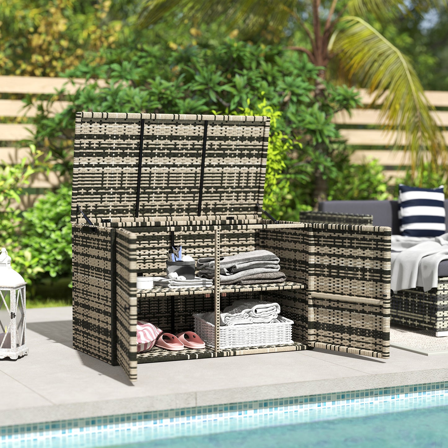 Opbergbox Tuinkist Tuinkist Opbergkist Kussenbox – 350 Liter – Weerbestendig Rattan-look – Met Handvatten en Veerdeksel – Mix Grijs
