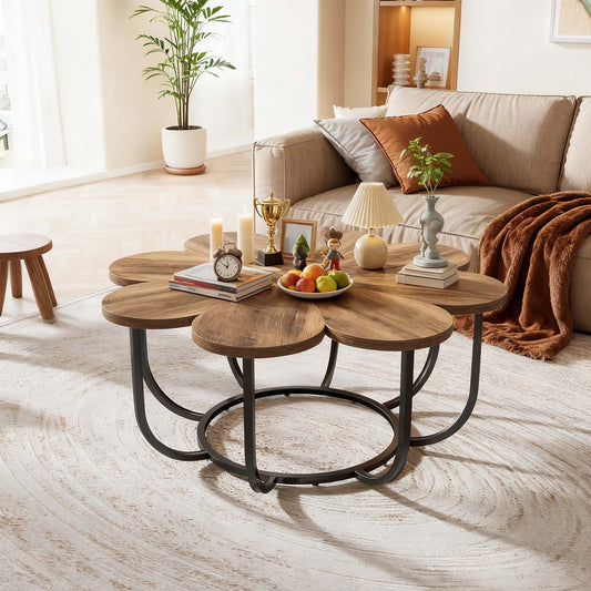 Salontafel – Woonkamertafel – Bijzettafel – Koffietafel – Salon tafel – Bloemvormig Ontwerp – 100 cm Diameter – Faux Marmer Tafelblad – Stevig Metaalframe – Duurzaam Gelamineerd Hout – Modern Bruin & Zwart