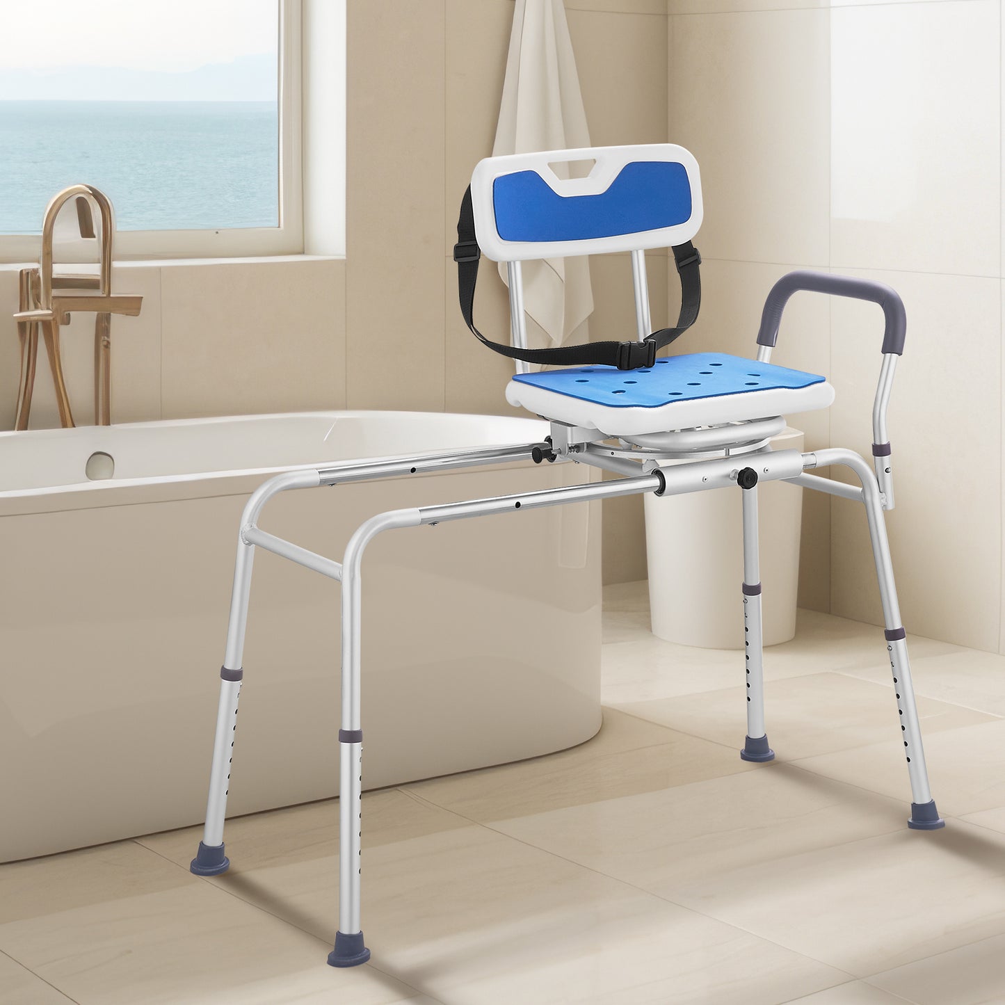 Douchekruk – Douchezitje – Badkruk – Badstoel – Badtransferbank – 360° Draaibare Zitting – Verstelbare Hoogte 52,5-69 cm – Draagvermogen 180 kg – Antislip Pootjes – Zijwaartse Schuiffunctie