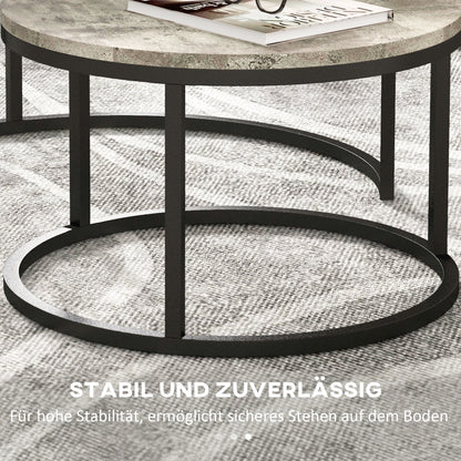 Salontafel Set – Bijzettafel – Koffietafel – Nachtkastje – Ronde Tafels – Grijs Marmerlook – Industrieel Design – Metalen Frame – Ruimtebesparend Schuifsysteem