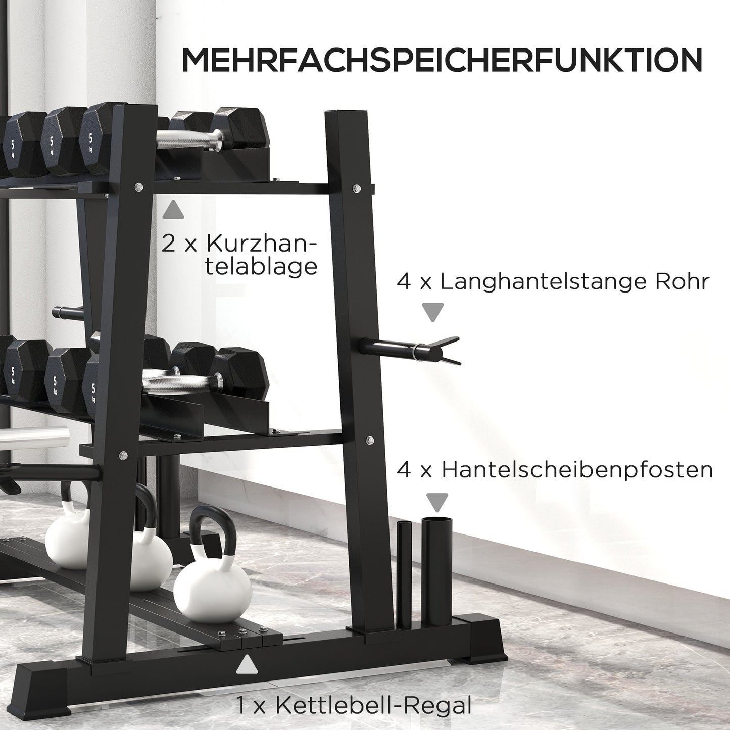 Dumbbellrek – Halterrek – Kettlebellrek – Gewichtenschijfrek – Opbergrek Fitness – Verstelbaar 3-Laags – Stabiel Stalen Frame – 131 x 75 x 80 cm Zwart