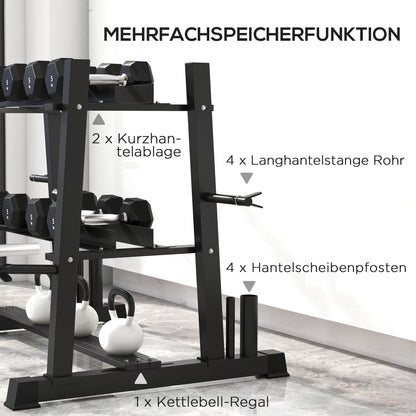 Dumbbellrek – Halterrek – Kettlebellrek – Gewichtenschijfrek – Opbergrek Fitness – Verstelbaar 3-Laags – Stabiel Stalen Frame – 131 x 75 x 80 cm Zwart