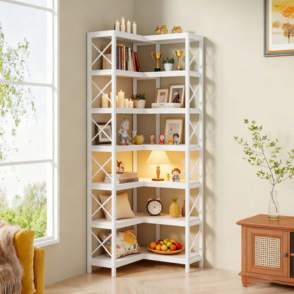 Tall 7 Tier Corner Bookcase with Sturdy Metal Frame, Large Industrial Style Corner Bookshelf and Display Storage Rack for Living Room or Home Office, Clean White Finish