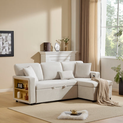 Hoekbank Bedbank – L-vormige Slaapbank – U-bank – Sofa Met Opberglade – Beige Stof – Moderne Woonkamer – Met Opbergruimte – Pull-out Slaapfunctie