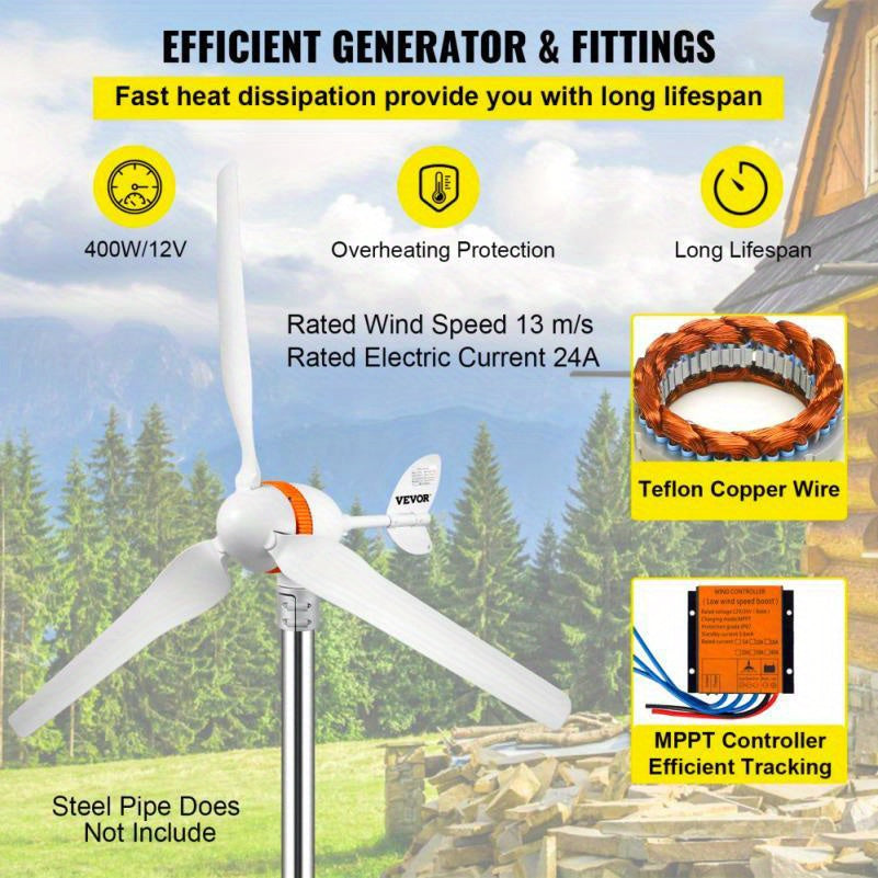 12V Windturbine Generator – Windenergie Generator – Windmolen – Compacte Turbine – 400W Output – MPPT-Controller – Volautomatisch Richtbaar