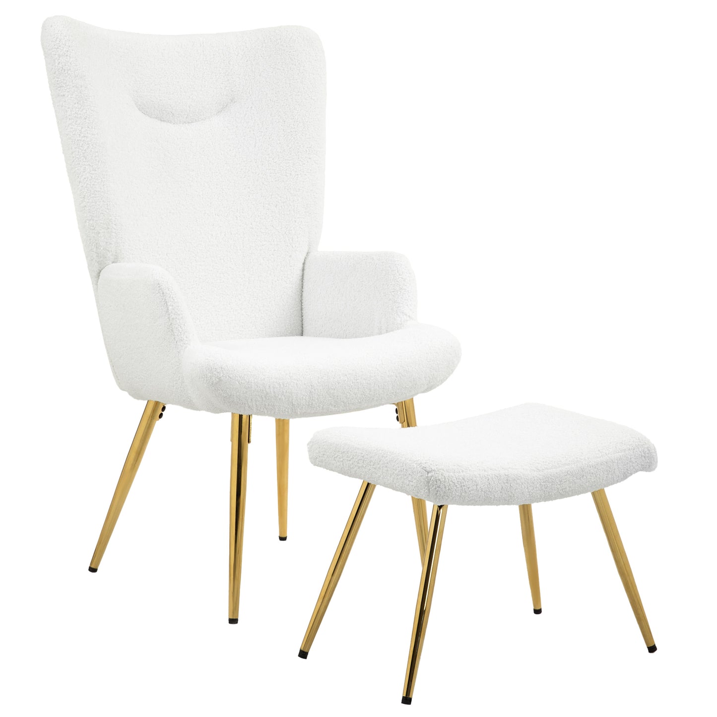 Fauteuil – Loungestoel – Relaxstoel – Zetel – Fauteuil Met Poef – Fluffy Sherpa Bekleding – Verstelbare Voetjes – Stalen Poten – Hoog Rugleuning – Wit