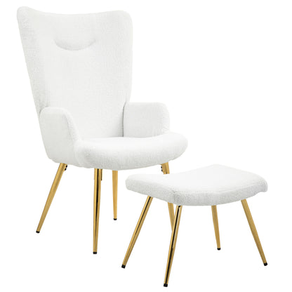 Fauteuil – Loungestoel – Relaxstoel – Zetel – Fauteuil Met Poef – Fluffy Sherpa Bekleding – Verstelbare Voetjes – Stalen Poten – Hoog Rugleuning – Wit