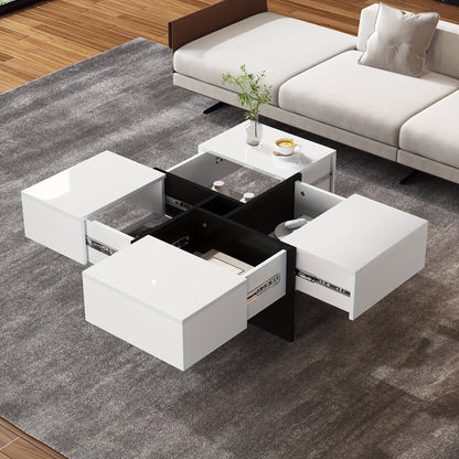 Salontafel – Koffietafel – Woonkamertafel – Bijzettafel – Tafel – Hoogglans MDF – 70x70x35 cm – 4 Lades Met Opbergruimte – Max 30 kg Draagvermogen