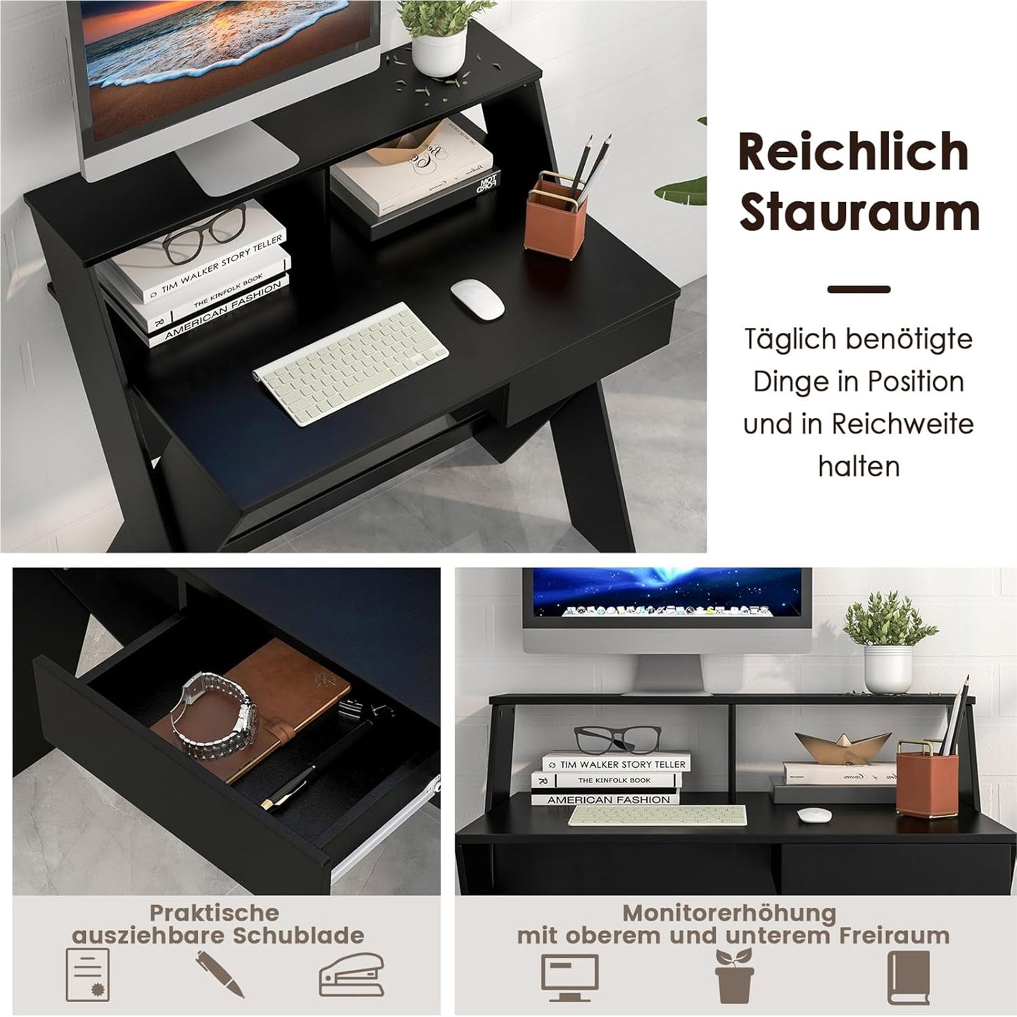 Computertafel – Computerbureau – Bureautafel – Schrijftafel – Werkplek – Met Lade – Monitorverhoger – Stevig X-Frame – Zwart – 90x61x94 cm