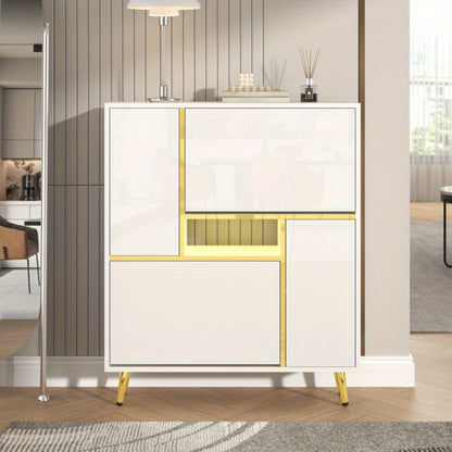Schoenenkast – Schoenenrek – Schoenenopberger – Schoenenmeubel – Schoenenbank – Hoogglans Front – 16-Kleuren LED Verlichting – 80x25x96 cm – Draagkracht 4 kg – Gouden Metalen Frame – Ruimtebesparend Design