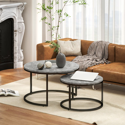 Salontafel Set – Bijzettafel – Koffietafel – Nachtkastje – Ronde Tafels – Grijs Marmerlook – Industrieel Design – Metalen Frame – Ruimtebesparend Schuifsysteem