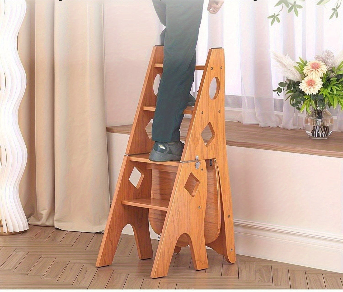 Opvouwbare 4-Traps Librarisladder – Houten Trapje – Opklapbare Ladder – Boekenkastladder – Bloemenrek – Duurzaam Hardhout – Ruimtebesparend en Multifunctioneel – Honingkleur