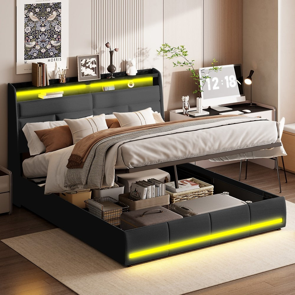 Opbergbed – Bed Met Opbergruimte – Tweepersoonsbed – Bedframe Met Hoofdbord – Stalen Onderstel – Afmeting 140x200 cm – Modern Design – PU Bekleding