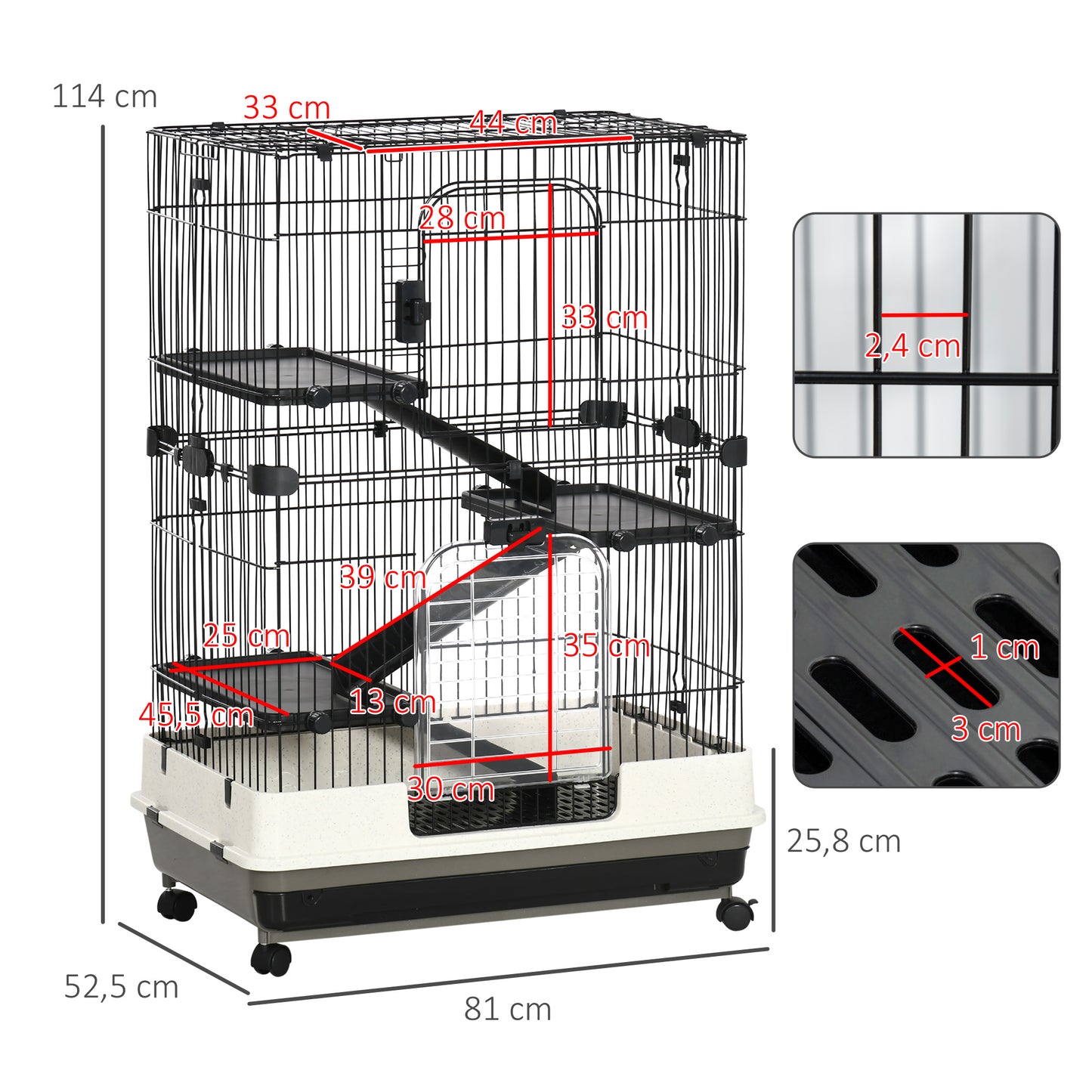 Kooi Kleine Knaagdieren – Huisdierkooi – Caviakooi – Konijnenhok – Hamsterkooi – Metalen Frame – 3 Verwijderbare Platforms – 4 Wielen Met Rem – 81,2x52,7x114 cm – Zwart