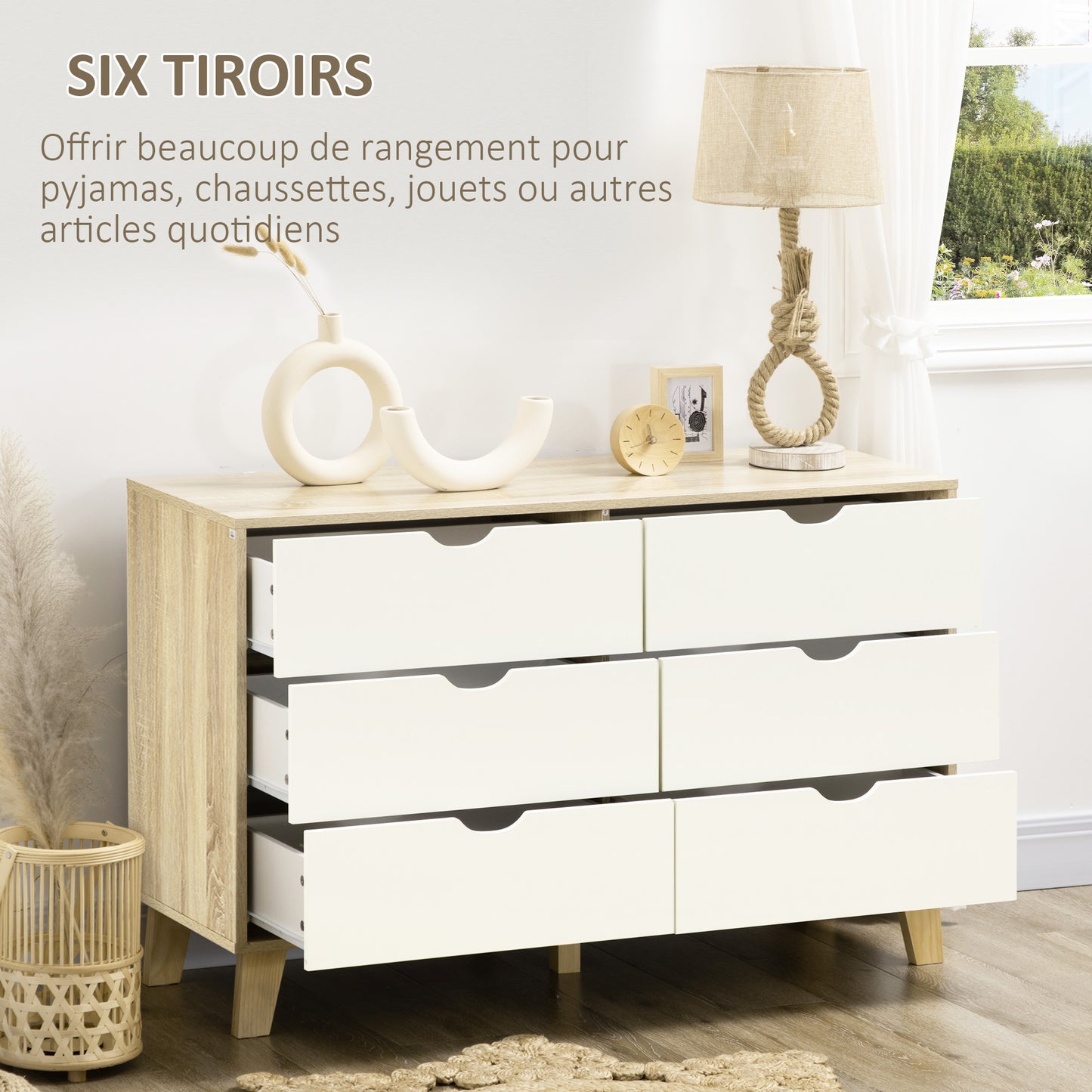 Kommode – Ladekast – Dressoir – Opbergkast – Sideboard – Scandinavisch Design – 6 Lades – Hout & Wit – 120x40x76 cm – Stevige Houten Poten