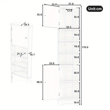Badkamerkast – Hoekkast – Wastafelonderkast – Opbergkast – Badmeubel – Ruimtebesparend – MDF Met Vochtbestendige Lak – 36,5x24,5x170 cm – Dubbele Deuren – Verstelbare Planken