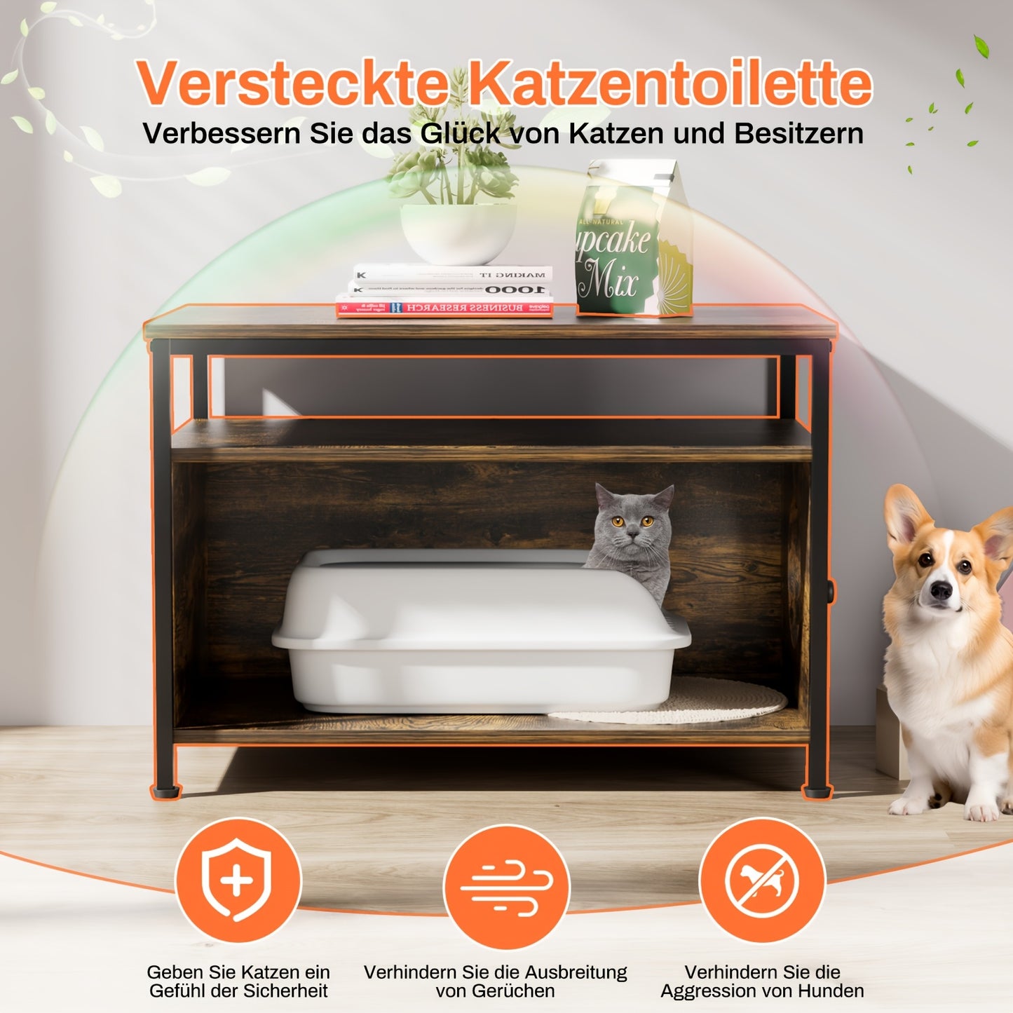 Kattenbakmeubel – Kattenkast – Kattenbak Kast – Kattenhuis – Kattenbak Ombouw – Tijgerhout Kleur – Extra Groot 80x50x59 cm – Inclusief Krabmat