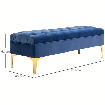 Fluwelen Bank – Zitbank – Schoenenbank – Voetenbank – Bedbank – Blauw – 118 x 45 x 42 cm – Stevig Metalen Poten – Comfortabel Zacht Fluweel