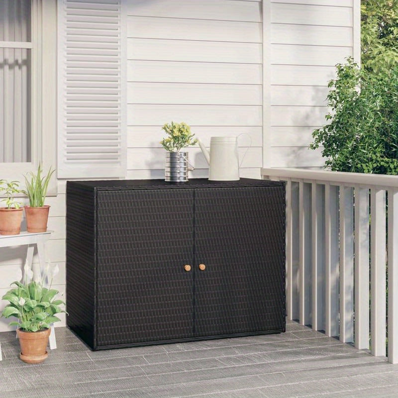 Large Storage Box with Double Doors - Heavy-Duty Poly Rattan Garden Cabinet, 100x55.5x80cm, All-Weather  Plastic Construction with Golden Hinges & Black Finish for Patio, Porch, Garage, Balcony - Multi-Purpose Storage Unit, R
