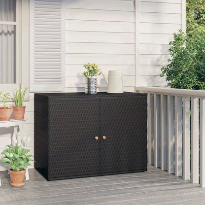 Large Storage Box with Double Doors - Heavy-Duty Poly Rattan Garden Cabinet, 100x55.5x80cm, All-Weather  Plastic Construction with Golden Hinges & Black Finish for Patio, Porch, Garage, Balcony - Multi-Purpose Storage Unit, R