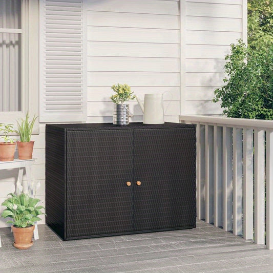 Large Storage Box with Double Doors - Heavy-Duty Poly Rattan Garden Cabinet, 100x55.5x80cm, All-Weather  Plastic Construction with Golden Hinges & Black Finish for Patio, Porch, Garage, Balcony - Multi-Purpose Storage Unit, R