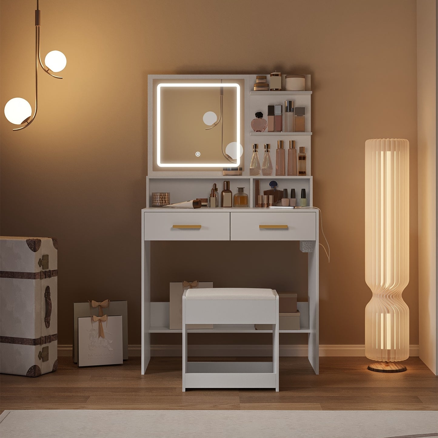 Make-up Tafel – Schminktisch – Beautytafel – Vanity Table – Make-up Bureau – Wit – Verstelbare LED-Verlichting – Stopcontacten & USB-Poorten