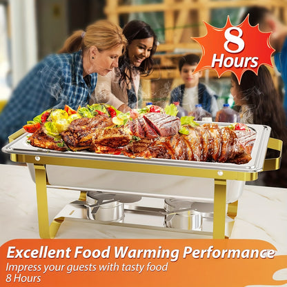 Chafing Dish Set – Warmhouder – Buffetpan – Warmtray – Warmhoudplaat – Roestvrijstaal 201 – 4-delige Set – Gouden Rolranden – 9QT Capaciteit