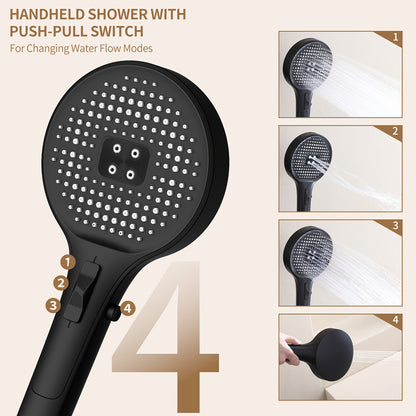 Zwarte Douche Set – Douchepaneel – Doucheset – Handdouche – Thermostaatkraan – 4 Spuitstanden – Muurbevestiging Zonder Boren – Glazen Plank 40 cm