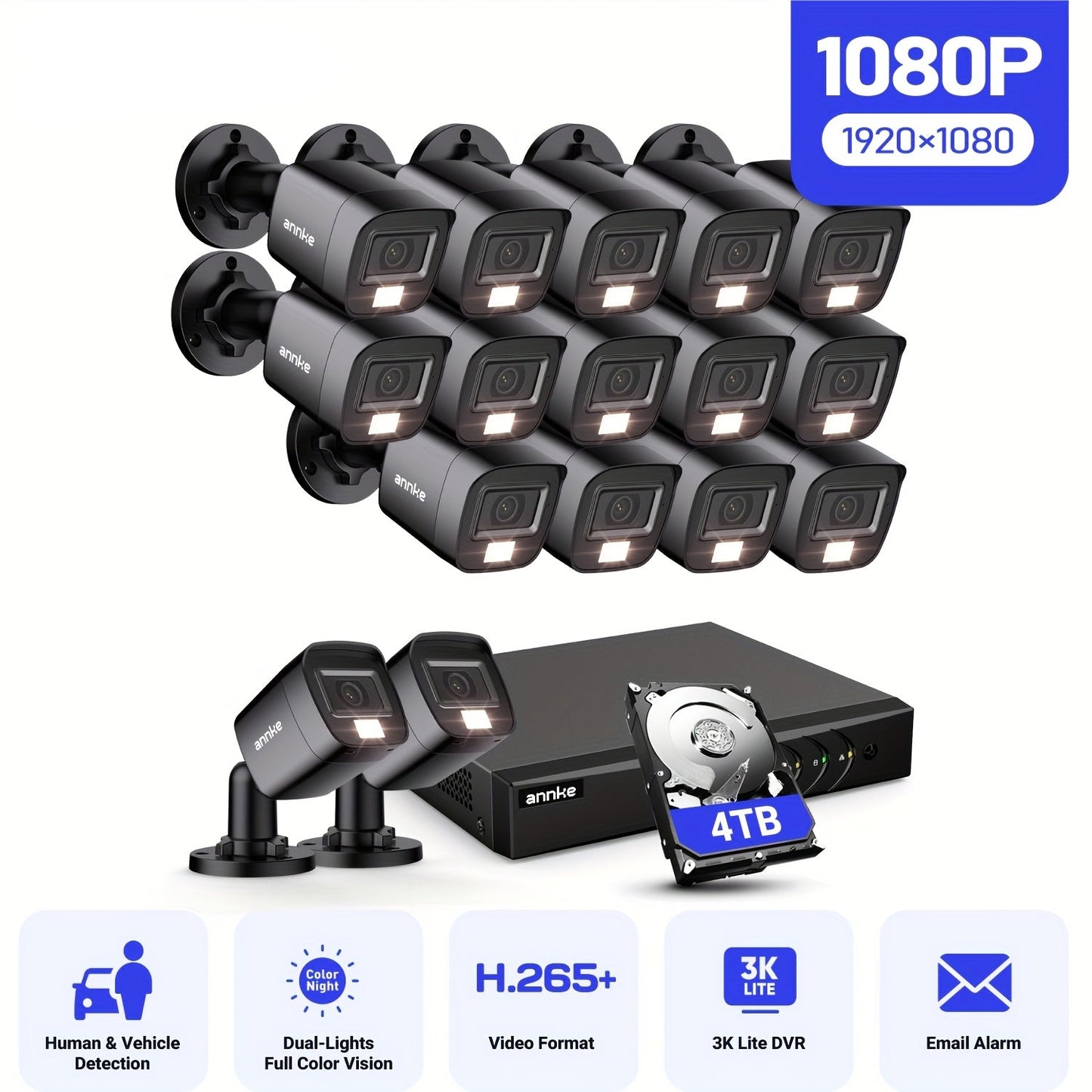 Beveiligingscamera Systeem – Bewakingscamera – CCTV Camera – Camerabewaking – Beveiligingsset – 16 Kanaals Bekabeld – AI Bewegingsdetectie – 4TB Opslag