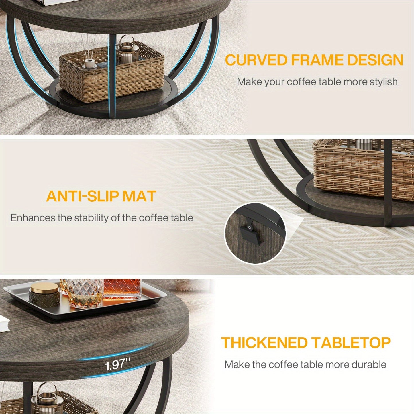 Salontafel – Woonkamertafel – Koffietafel – Bijzettafel – Tafel – 32 Inch Rond – Industrieel Design – Tweelaags Opbergruimte – Stevig Gelamineerd Hout – Grijs Zwart