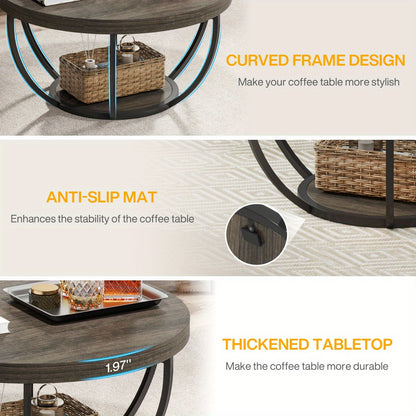 Salontafel – Woonkamertafel – Koffietafel – Bijzettafel – Tafel – 32 Inch Rond – Industrieel Design – Tweelaags Opbergruimte – Stevig Gelamineerd Hout – Grijs Zwart