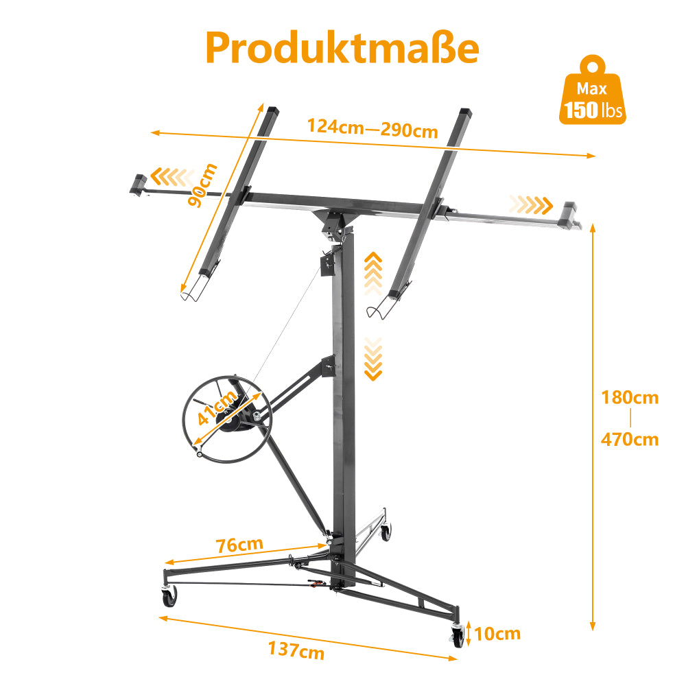 Gipsplaatlift – Drywall Lift – Panelenlift – Plafondlift – Wandplaatlift – Verstelbare Hoogte 180-470 cm – Draagkracht 68 kg – 3-Wiel Systeem Met Rem – Kantelbaar 60° – Opvouwbaar