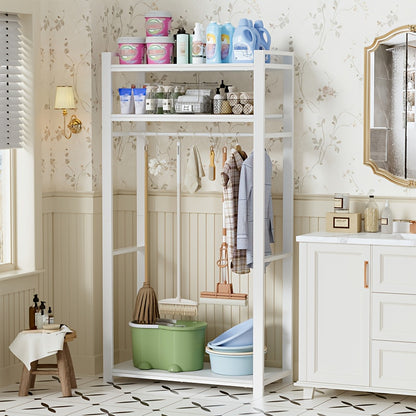 Opbergkast – Opbergmeubel – Wandkast – Schoonmaakkast – Badkamerkast – Met 6 Haken – 80 cm Kledingroede – Vrijstaand Wit – Duurzaam Metaal En Hout – 80x40x170 cm Space-Saving Design