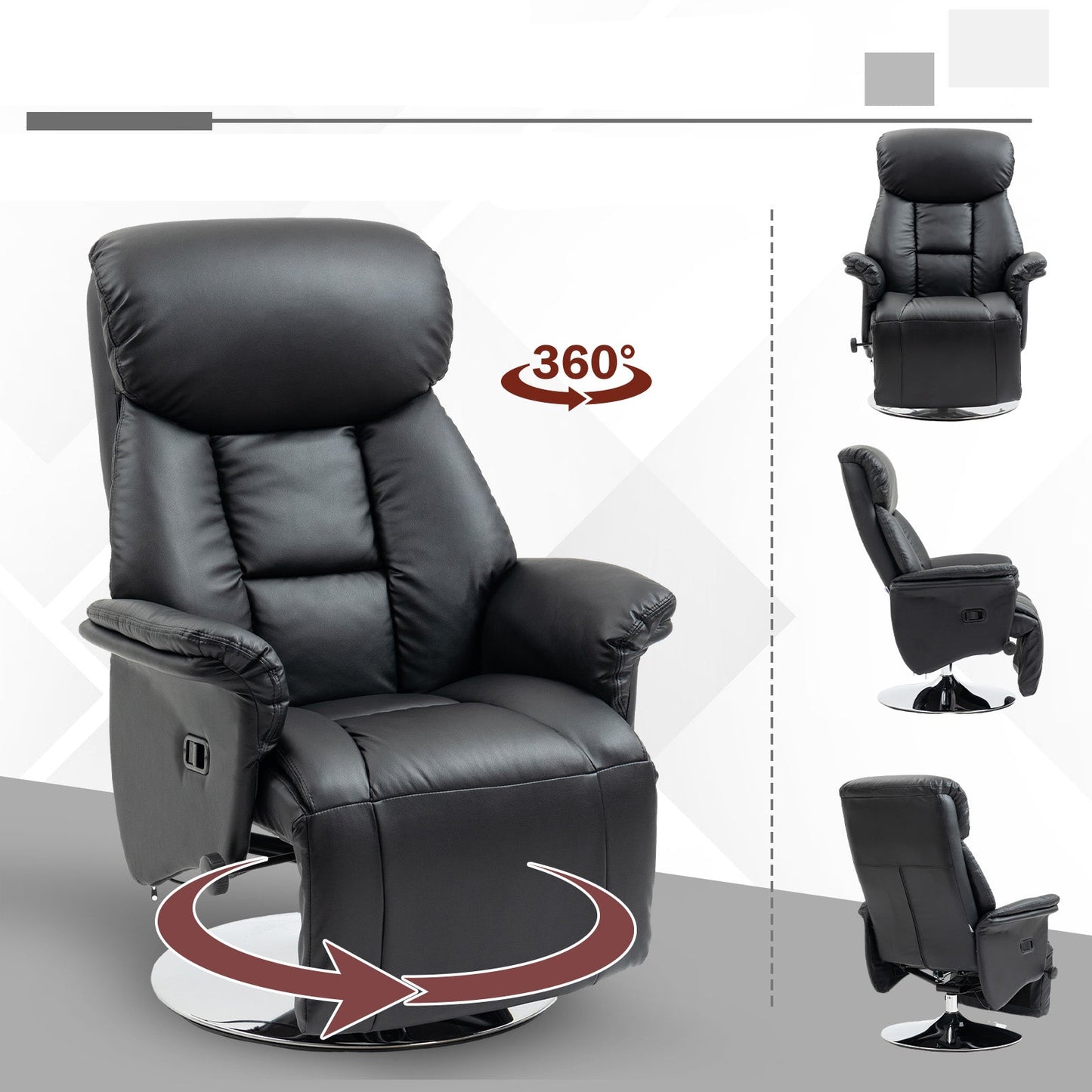 Relaxfauteuil – Relaxstoel – TV Stoel – Draaifauteuil – Zitstoel – Kunstleer – Draaibaar met Verstelbare Rugleuning – Voetensteun – Zwart – Max 150 kg - QUORE